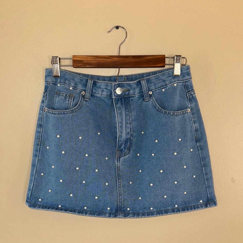 SHEIN Denim Blue Skirt with Pearl Accents